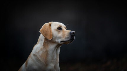 A Labrador Retriever profile shot in a studio setting, capturing the fine detail of its fur texture and noble profile against a minimalist background.
