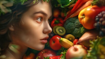 Young woman in group of fruit. Healthcare and healthy nutrition concept.