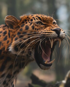 Fauchender Leopard fotorealistisch mit verschwommenem Hintergrund
