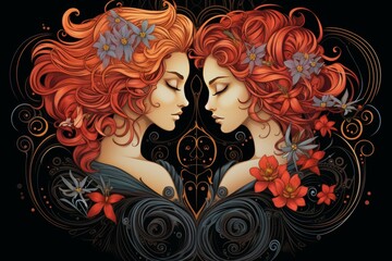 Vector illustration of gemini zodiac sign shining in red color on black background