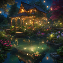 A fantasy scene showcasing a hidden garden at night, illuminated by glowing fireflies and magical lantern -- generated by ai
