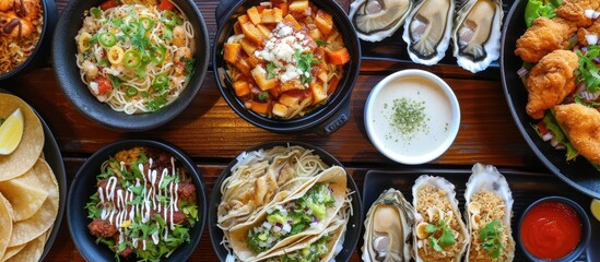 A table at a restaurant covered with an assortment of dishes including pasta, snacks, oysters, chicken, plantains, tacos, and cheese.