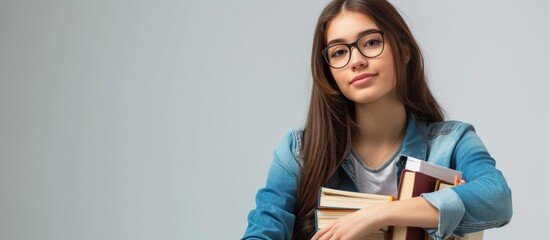 Intelligent young girl with glasses engrossed in reading books at home