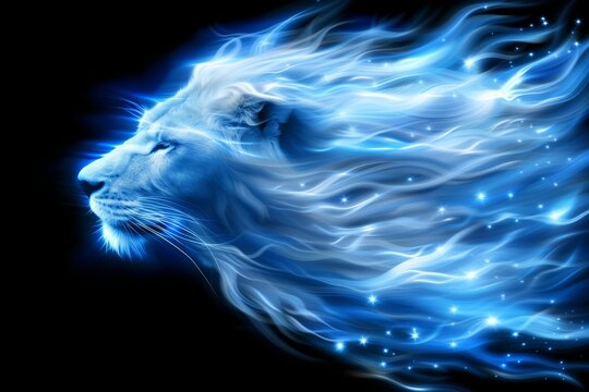 Luminous leo zodiac sign in vector style, shining blue isolated on black background