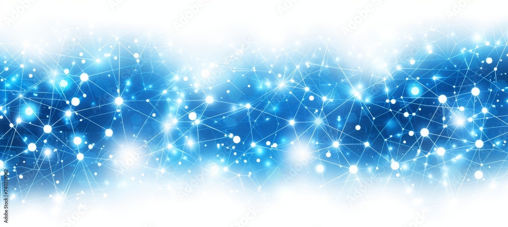 Poster abstract molecular network with geometric patterns on dark blue background for digital tech concept.