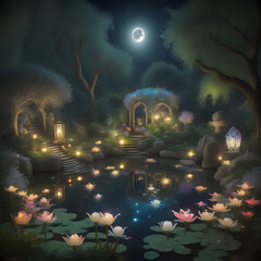 A fantasy scene showcasing a hidden garden at night, illuminated by glowing fireflies and magical lantern -- generated by ai