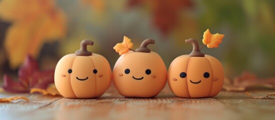 Three orange pumpkins with smiling faces are placed on a wooden table, resembling a happy and artistic display. The natural foods add a touch of cuisine to the natural landscape