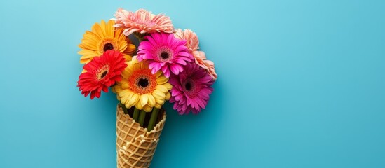 Delicate bouquet of fresh flowers arranged in a crispy waffle cone on a vibrant blue background - obrazy, fototapety, plakaty