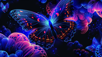 neon glowing fantasy butterfly at dark background. colorful uv insect wallpaper - obrazy, fototapety, plakaty