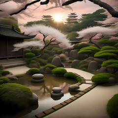 A serene scene of a traditional Japanese Zen garden at sunrise - - generated by ai