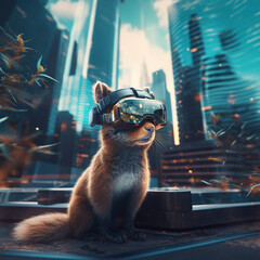 Cute Squirrel with VR glasses in sci fi city