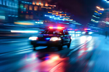 City Lights, Siren's Call: A police car speeds through a neon-drenched city, its flashing lights cutting through the urban sprawl in a captivating display of motion and urgency