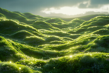 Frontal, low angle view of a continental apex, a green meadow with hills full of dew drops