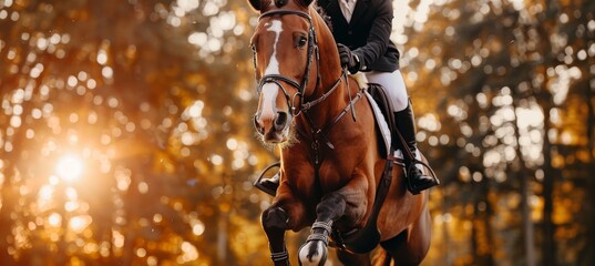Equestrian rider in mid jump, showcasing precision and athleticism, with space for text placement. - obrazy, fototapety, plakaty