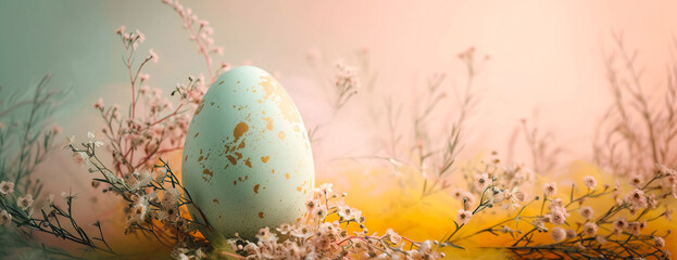 Decorative Easter egg with delicate banner colors with copy space