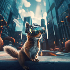 Cute Squirrel with VR glasses in sci fi city - obrazy, fototapety, plakaty