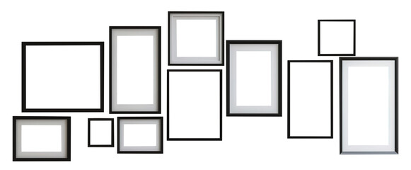 Collage of different sizes black thin photo frames over white transparent background