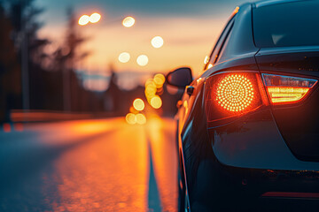 Car with modern design on road at night time, eco friendly technology, copy space