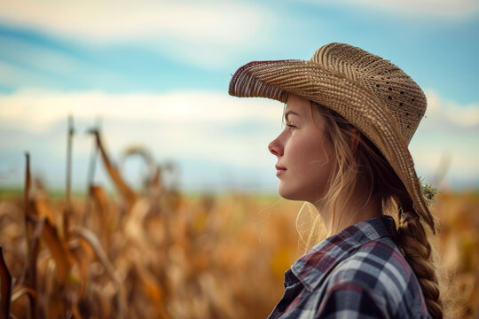Young American female famer wearing a straw hat, on blurred background, Agriculture concept