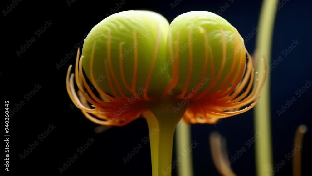 Poster a detailed of a plant stem growing in a balllike shape due to the absence of directional pull from g