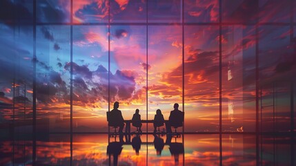 People Silhouettes in A Meeting Room with A Beautiful Colorful Sky on Window

