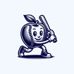 vintage retro art style apple mascot playing baseball vector illustration