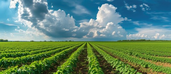 A vast expanse of healthy green soybean plants stretches out under a cloudy blue sky in a wide agricultural landscape.