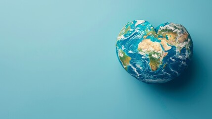 Fototapeta premium Heart shaped earth in 3d on blue background, earth day concept for eco friendly living.