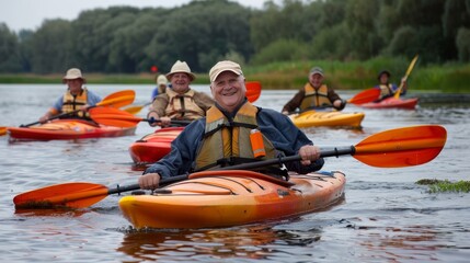 Joyful seniors kayaking on river or sea during vacation, embracing nature and adventure with smiles. - obrazy, fototapety, plakaty