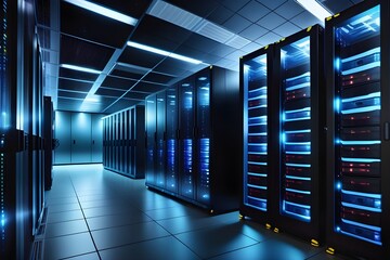 Modern Data Technology Center Server Racks in Dark Room with VFX.