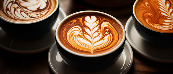 Kaffeetasse mit einem Kaffee und Verzierung durch Milchschaum, Schöne Tasse auf dem Tisch - obrazy, fototapety, plakaty