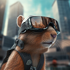 Squirrel in a futuristic city with VR glasses