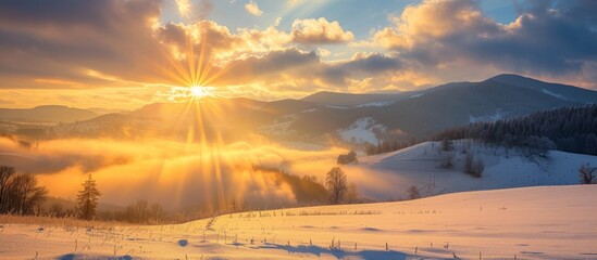 Majestic sun shining through dramatic clouds over serene snowy landscape