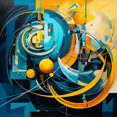 A colorful abstract painting with a colorful space, in the style of graphic design-inspired illustrations, dark cyan and yellow, futuristic chromatic waves, cubist shapes and planes, 1:1.
