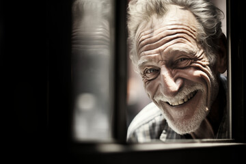 Mann reflektiert in Fensterscheibe, Reflektion in Glas, lachender Mann, Lächeln - obrazy, fototapety, plakaty