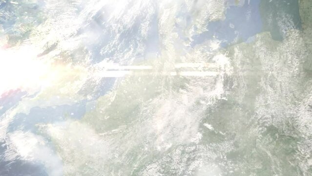 Earth zoom in from space and focus on Beckum, Germany. 3D Animation. Satellite view. Background for travel intro. Images from NASA