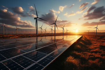 Energiewende, Konzept erneuerbare Energie, Windkraftanlage und Solarpanele zur Gewinnung von Solarstrom, Sonnenuntergang mit warmen Farben