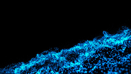 3D abstract digital technology animated blue light particles on black background.