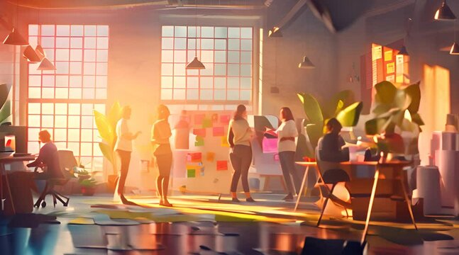 Modern Office Space with Team Collaboration in Sunlight with AI generated.