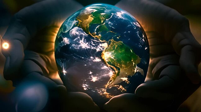 Hands Cradling Miniature Earth Globe with AI generated.
