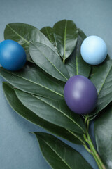 Easter decoration with colorful eggs and green leaves 