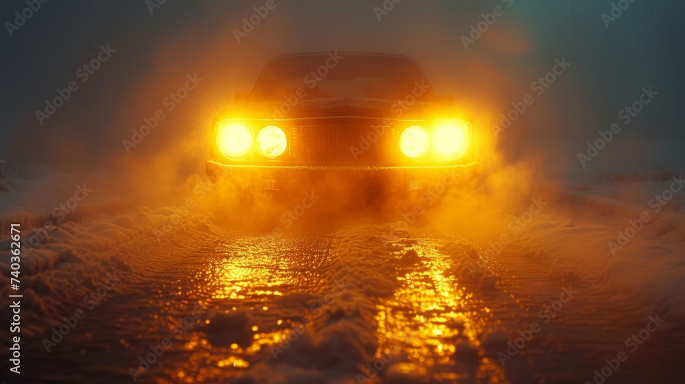 Poster closeup of headlights shining through a thick fog creating a mysterious texture.