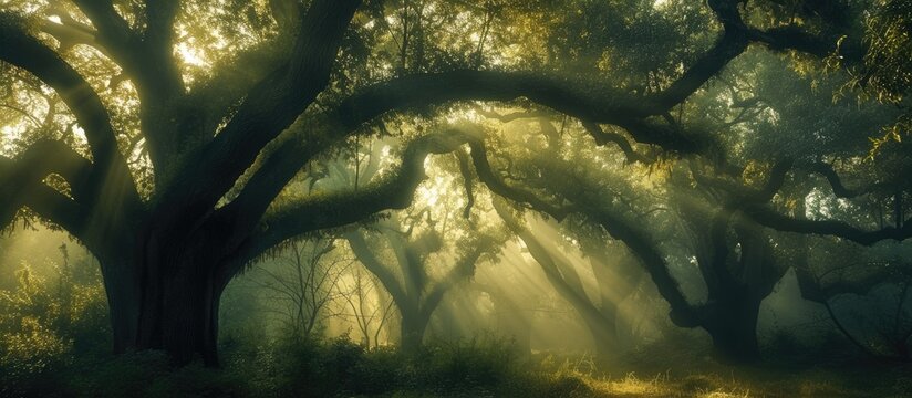 An enchanting backlit forest filled with dense tree cover is illuminated by the soft glow of the fog, creating a mystical atmosphere.
