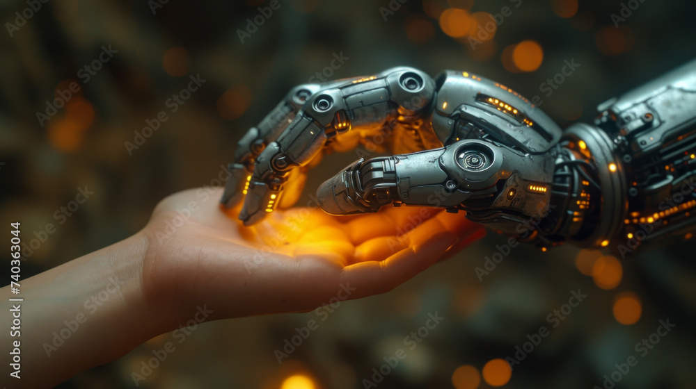 Poster a robot hand giving a helping hand to a human hand representing the collaborative and innovative app
