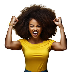 Happy african american woman with afro hairstyle and yellow t-shirt gesturing success. - obrazy, fototapety, plakaty