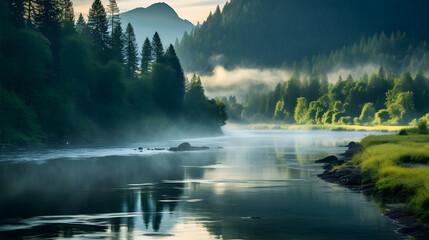 Magical Mornings: A Quaint River Winding through a Misty Mountainous Landscape at Dawn - obrazy, fototapety, plakaty