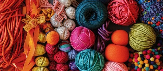 A photograph capturing a vibrant collection of balls of yarn, along with other decorative materials like ribbons, ropes, laces, and wool balls.