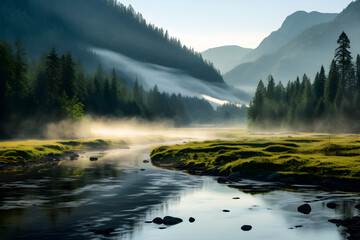 Magical Mornings: A Quaint River Winding through a Misty Mountainous Landscape at Dawn