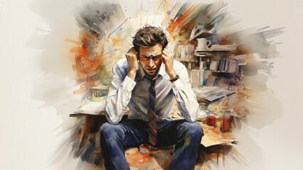 Illustration of businessman very stressed out, Overworked, burned out and stressed businessman worker sitting at office desk table with lot of files paperwork and documents in the background. - obrazy, fototapety, plakaty