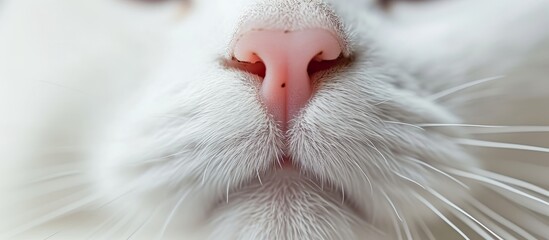 A close up of a Felidaes white cat snout with whiskers, showcasing its carnivore characteristics....